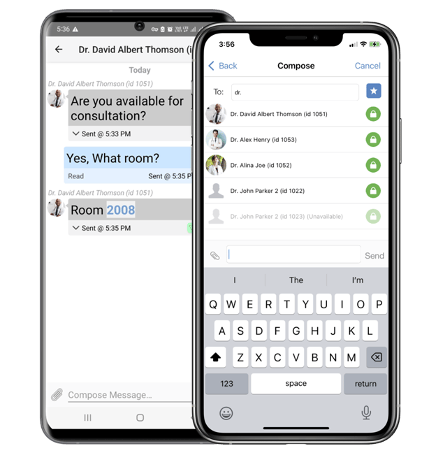 Spok Mobile screens of the directory and a secure message chat with a doctor