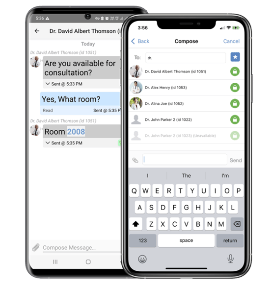Spok Mobile screens of the directory and a secure message chat with a doctor Spok Mobile screens of the directory and a secure message chat with a doctor
